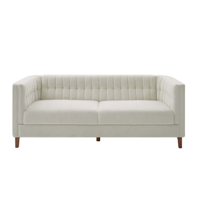 Modern 3-Seater Sofa 76" Upholstered Couch With Curved Armrests, Channel Tufted Back And Wood Legs For Living Room