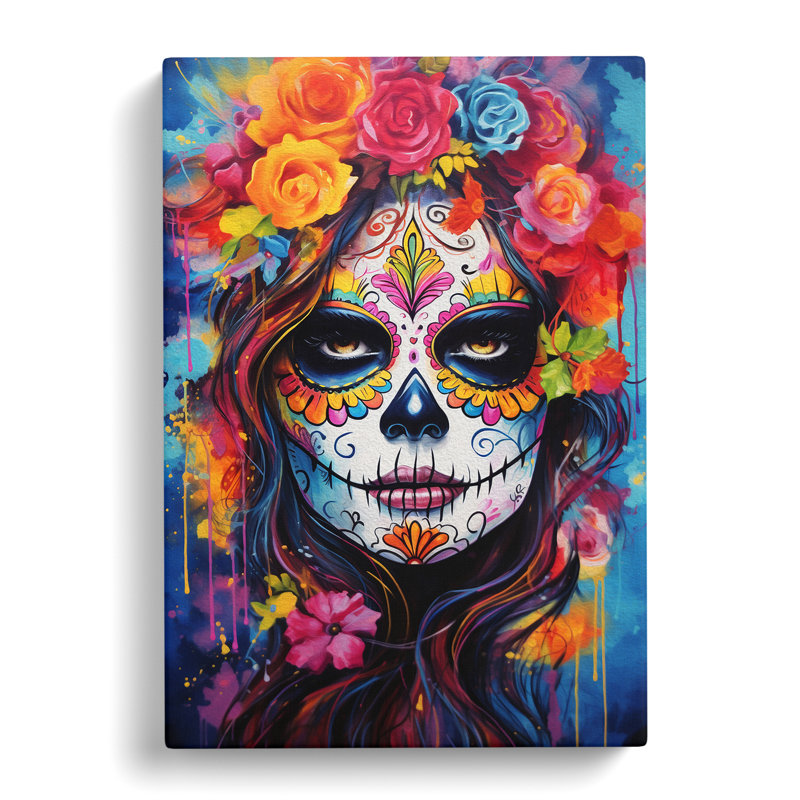 Sugar Skull Action Painting Art - Wrapped Canvas, 76cm H x 50cm W x 3cm D