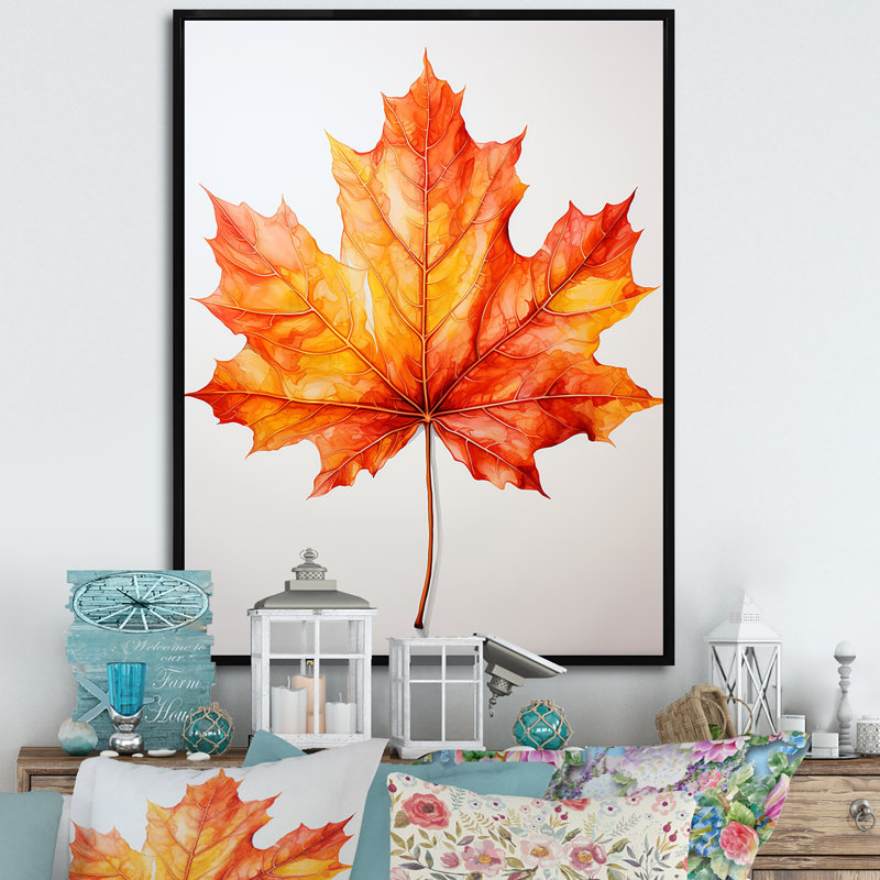 Minimalisme orange feuille d'érable - Art mural érable, H 40 po x l 30 po x P 1,5 po, Cadre flottant noir