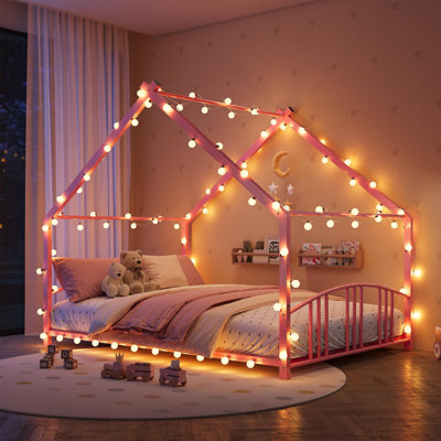Cadre de lit au sol Montessori pour lit double, en forme de maison et avec barrières de sécurité, rose