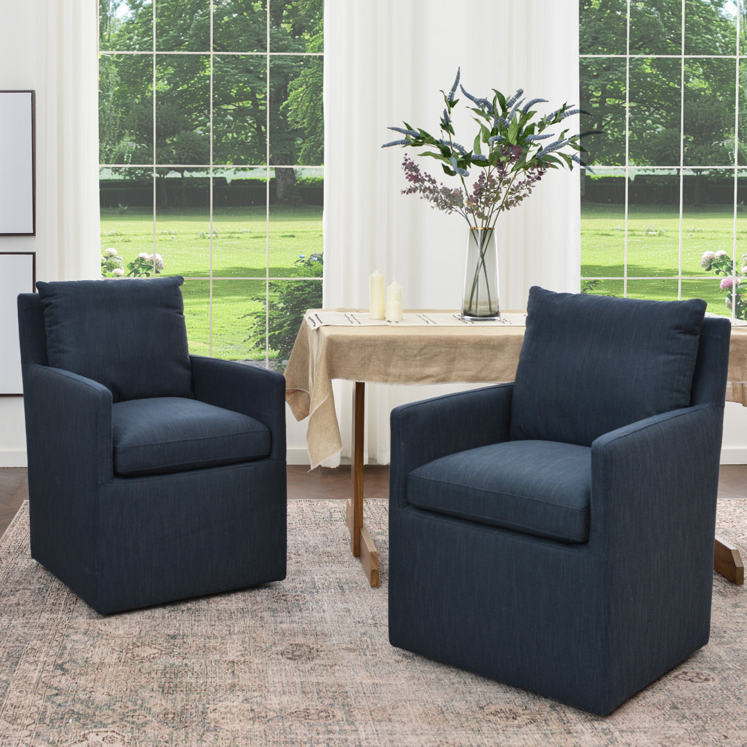 Cathlino 25" Wide Modern No Assembly Upholstered Linen Down Fill Dining Armchair with Casters (Set of 2) Wade Logan® Upholstery 