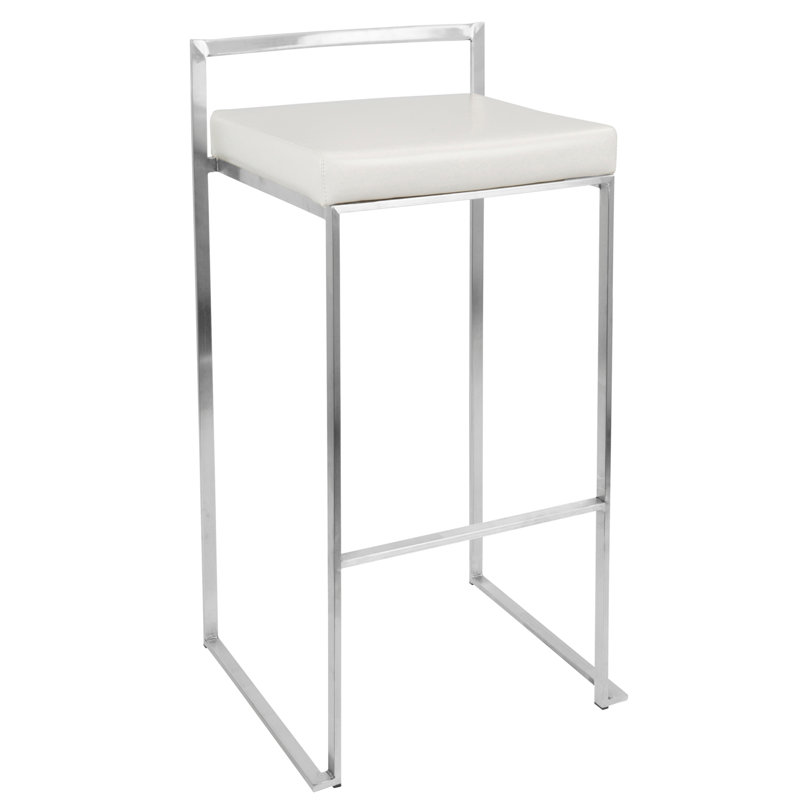 Tabouret de bar empilable 30 po contemporain en acier inoxydable avec similicuir blanc - ensemble de 3