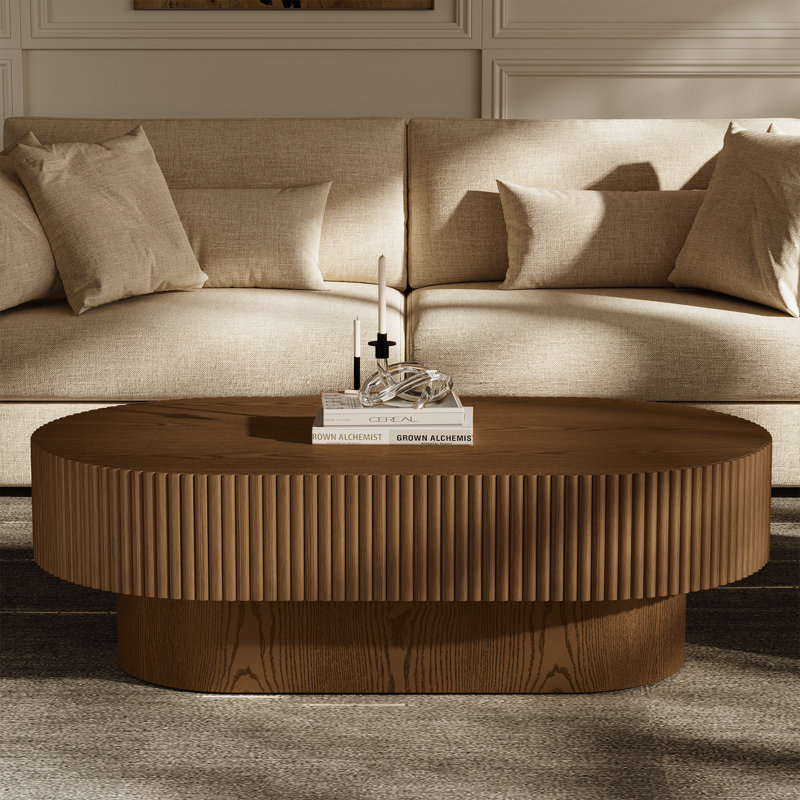 43.7'' W Solid Wood Oval Coffee Table with Fluted Design, Brown