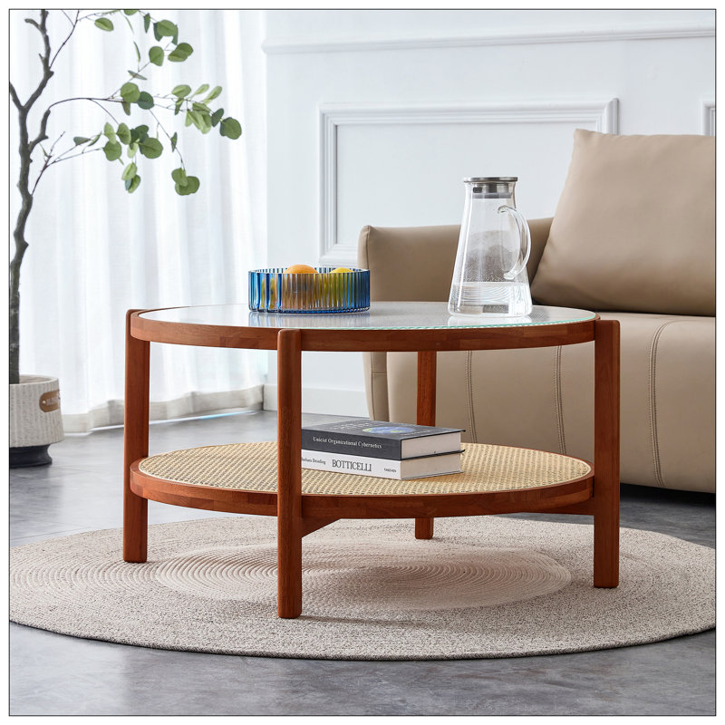 Table basse moderne en bois massif à double couche, plateau de table en verre artisanal, matériau de la deuxième couche: rotin PE, structure en bois massif. 34,64 po x 34,64 po x 17,7 po