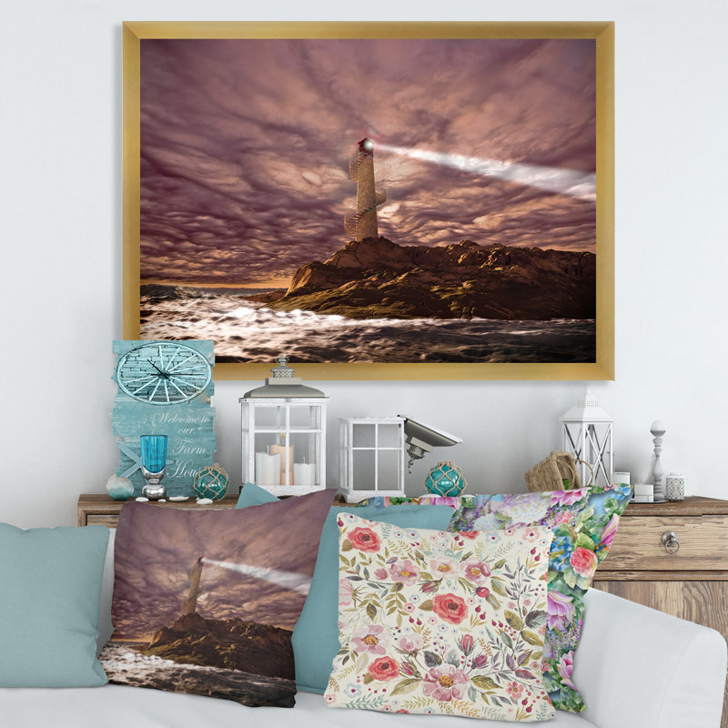 Phare brillant pendant la nuit orageuse I - photographie sur toile, H 16 po x l 32 po x P 1,5 po, Toile encadrée d'or