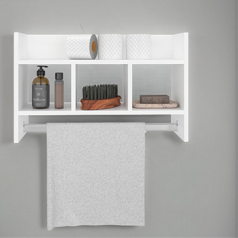 White Bath Shelf With Towel Bar, Open Shelf, And Storage Space