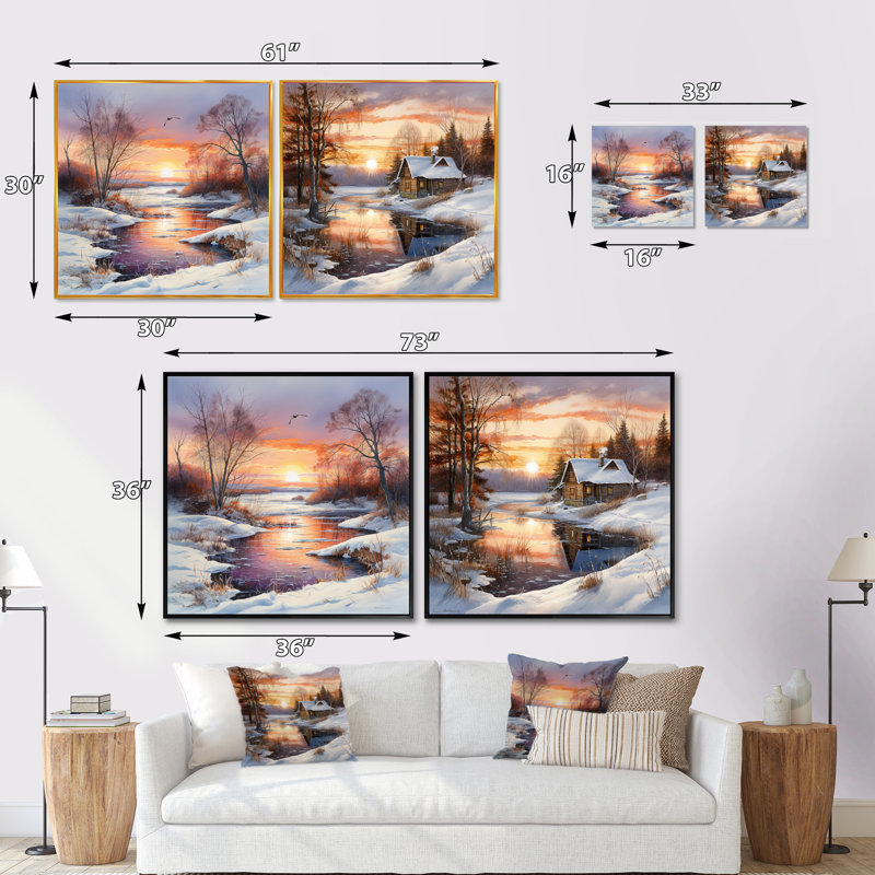 "Le charme du lever du soleil en hiver" 2 pièces, Cadre noir, H 16 po x l 33 po