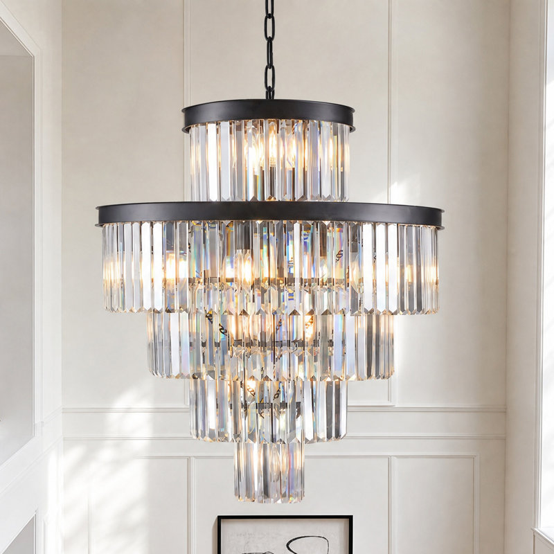Lustre moderne à 5 niveaux en cristal K9, 61 cm (24 po) et 15 lumières., Noir mat, 5-Tier/15 Lights