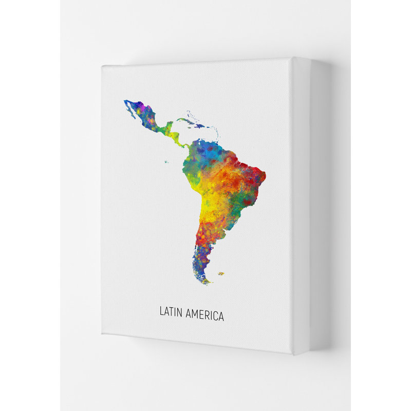 Latin America Watercolour Map by Michael Tompsett - 1 Piece Wall Art, 29.7cm H x 21cm W x 4cm D, Wrapped Canvas