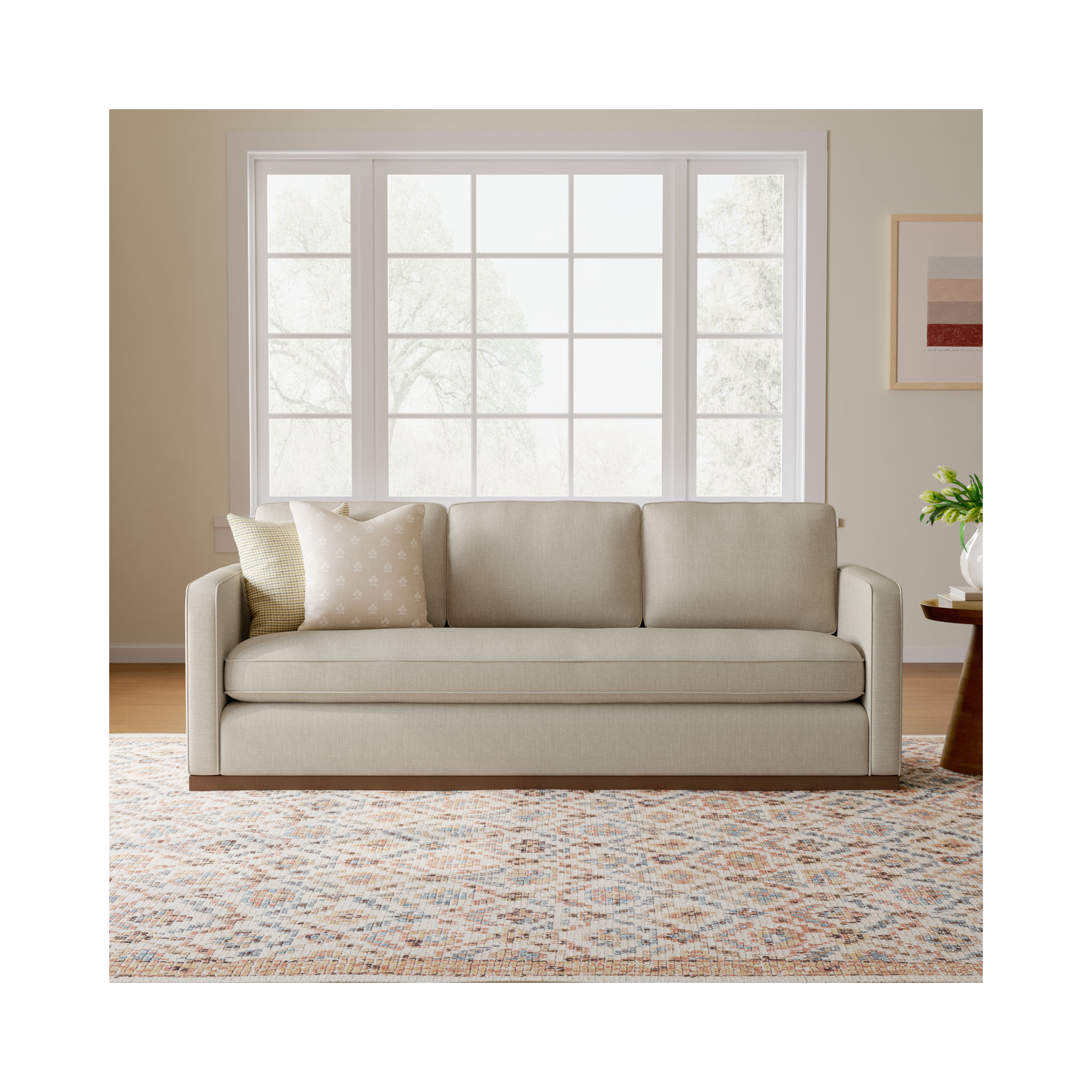Bobbi 87'' Upholstered Sofa, Effie Flax Performance Linen, Walnut
