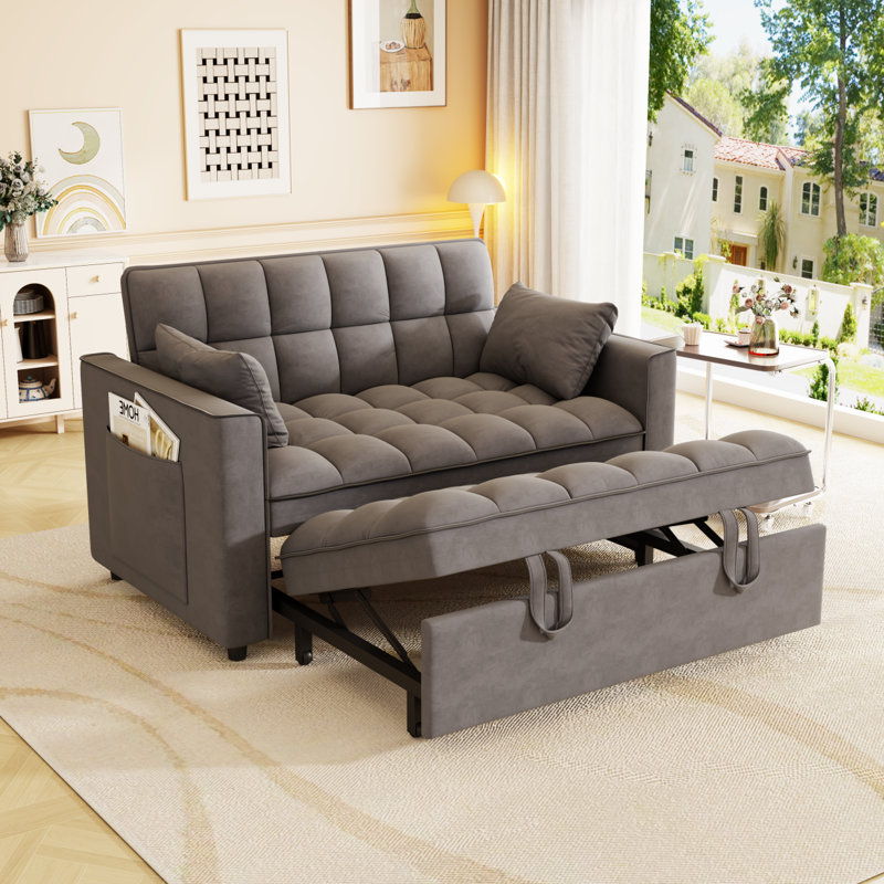 Sleeper Sofa Couch W/Pull Out Bed,  Modern Velvet Convertible Sleeper Sofa Bed, Small Love Seat Sofa Bed W/Pillows & Side Pockets For Small Space, Living Room, Apartment,Dark Gray