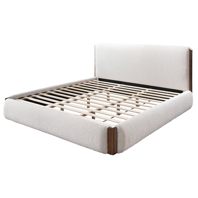 Sandro King White Boucle Upholstered Bed with Walnut Frame
