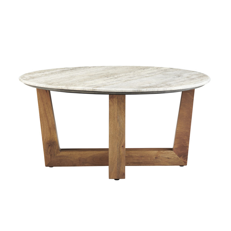 White Stone and Solid Wood Round Cocktail Coffee Table