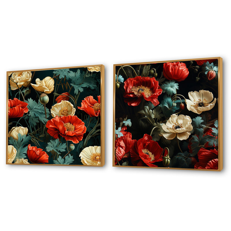 Hasson - Ensemble de 2 collages carrés floraux, Cadre flottant doré, H 16 po x l 33 po