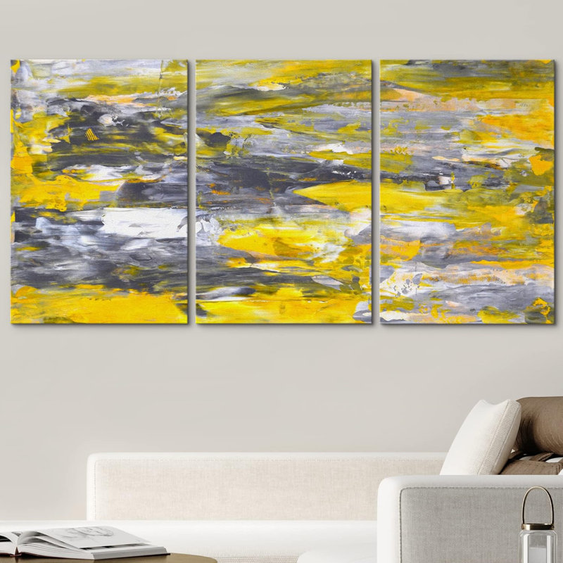 Gris et jaune, coups de pinceau abstraits, formes abstraites sur toile, 3 pièces