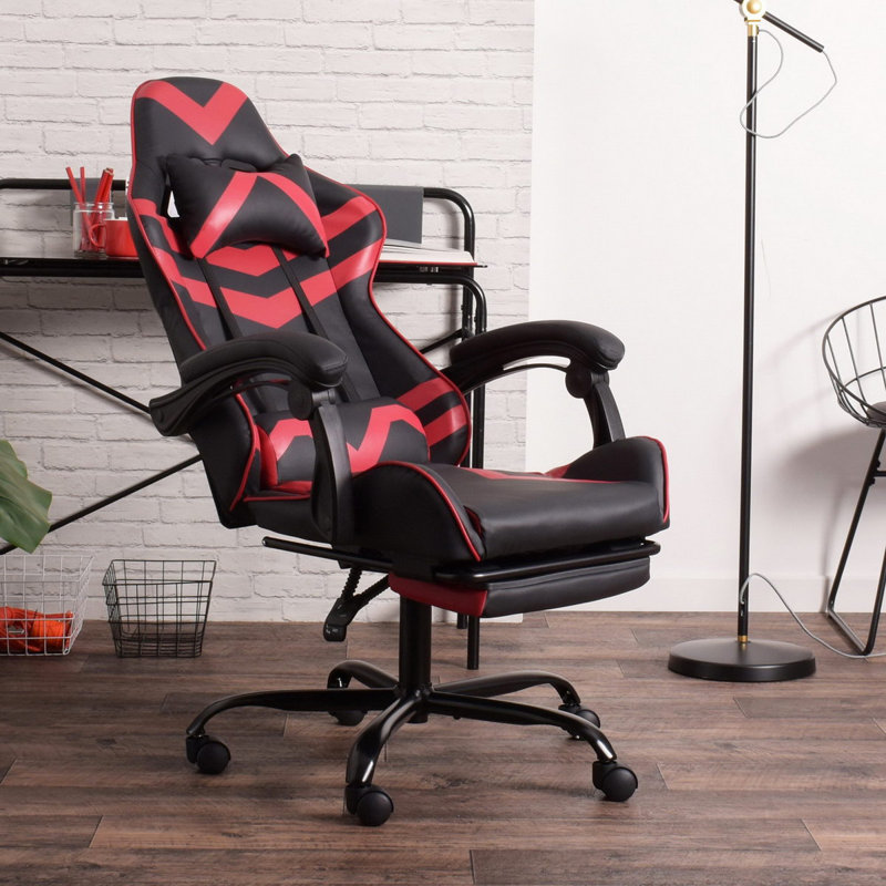 Ebern Designs Brode Adjustable Ergonomic Swiveling PC & Racing Game Chair with Footrest in Black/Red