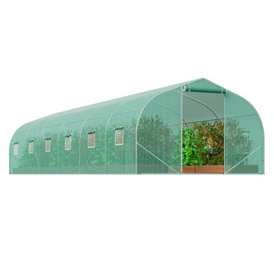 Serre tunnel de 9 x 3 x 2 m (29,5 x 9,8 x 6,6 pi), porte à fermeture éclair enroulable et 12 fenêtres pour l'extérieur, toit pointu, structure en acier galvanisé, bâche en polyéthylène vert