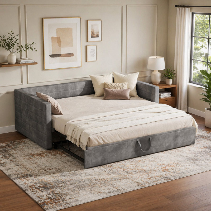 Lit de jour rembourré avec couchette escamotable et tissu chenille, Gris