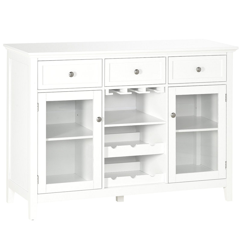Armoire à café avec 3 tiroirs, porte-bouteilles de 6 bouteilles, porte-verres à pied, porte en verre, armoire buffet, armoire à vin
