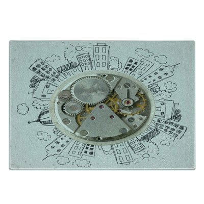 Ambesonne Modern Tempered Glass Cutting Board Alarm Clock with Clouds Pale Grey
