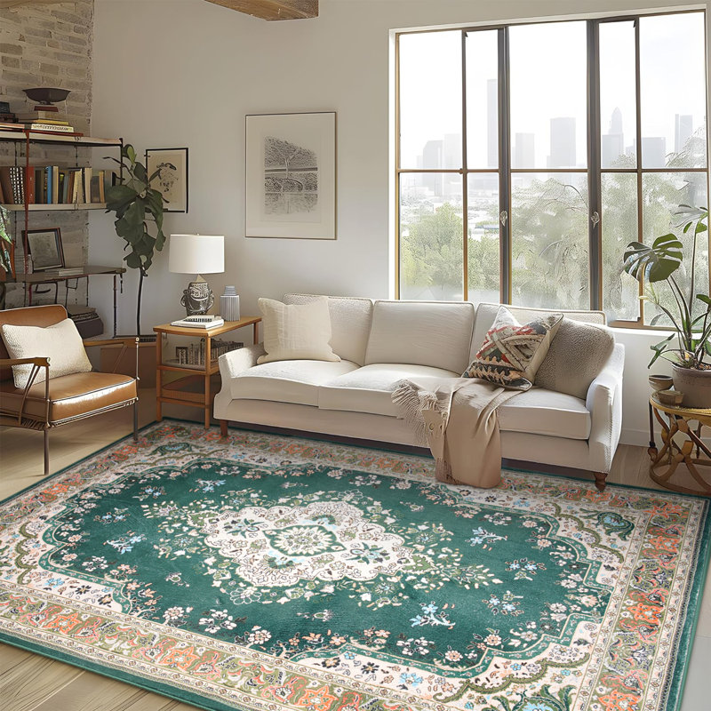 Delcine Washable Floral Indoor Rug, Rectangle 4' x 6', Black/Gray