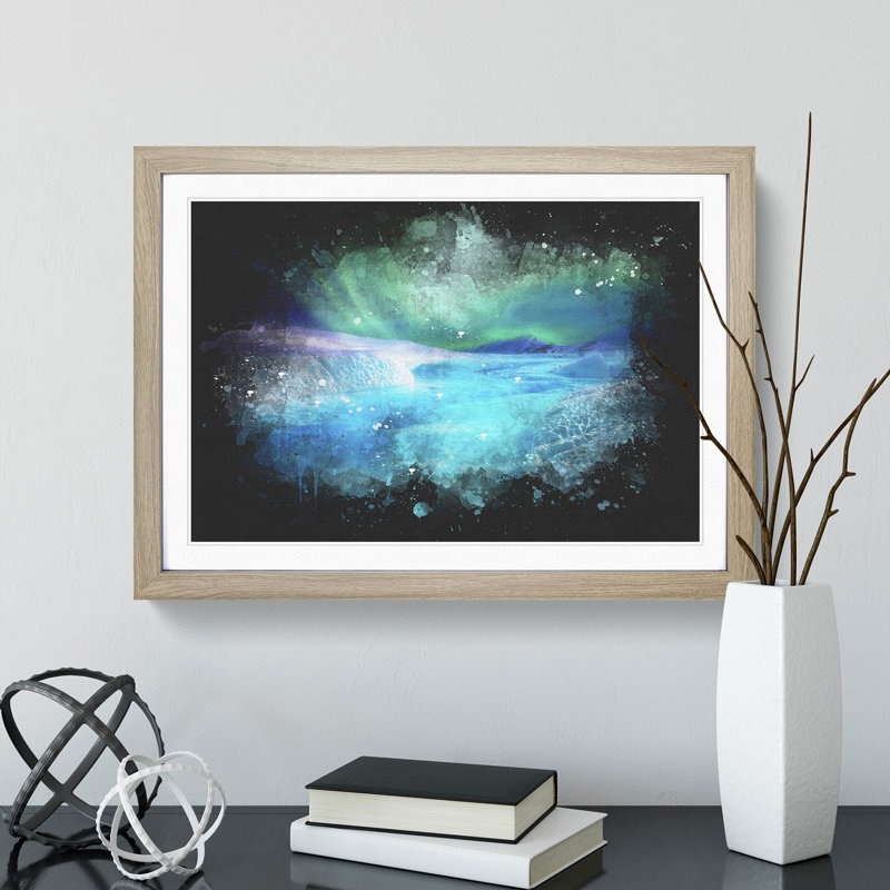 Aurora Borealis At Night Paint Splash - Framed Print, 62cm H x 87cm W x 2cm D, Oak Framed