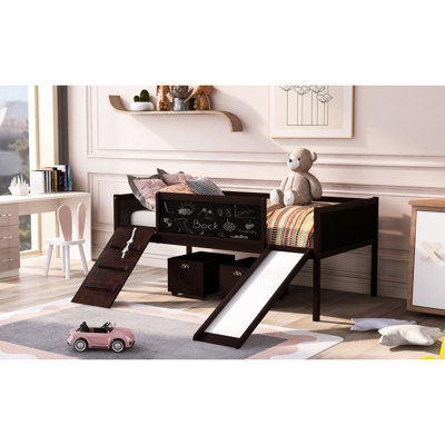 Twin Loft Bed With Storage Compartments. Strong Climbing Frame & Rope Excitement. Double Chalkboard Creative. Slide For Quick Exit Storage. Solid Frame, Fun. Chalkboard, Creative