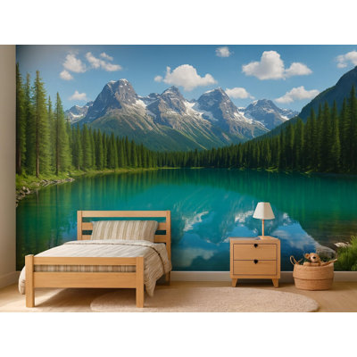 Mountain Lake Wall Mural, Peel and Stick Self Adhesive Wallpaper, Turquoise Lake and Snow Capped Peaks Nature Scene, Satin Finish Removable Panels, 65"W x 96"H