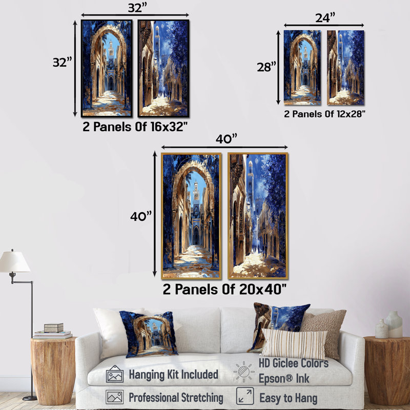 Gold Fez Medina I - ensemble d'art mural marocain 2 pièces, H 40 po x l 40 po, Toile tendue