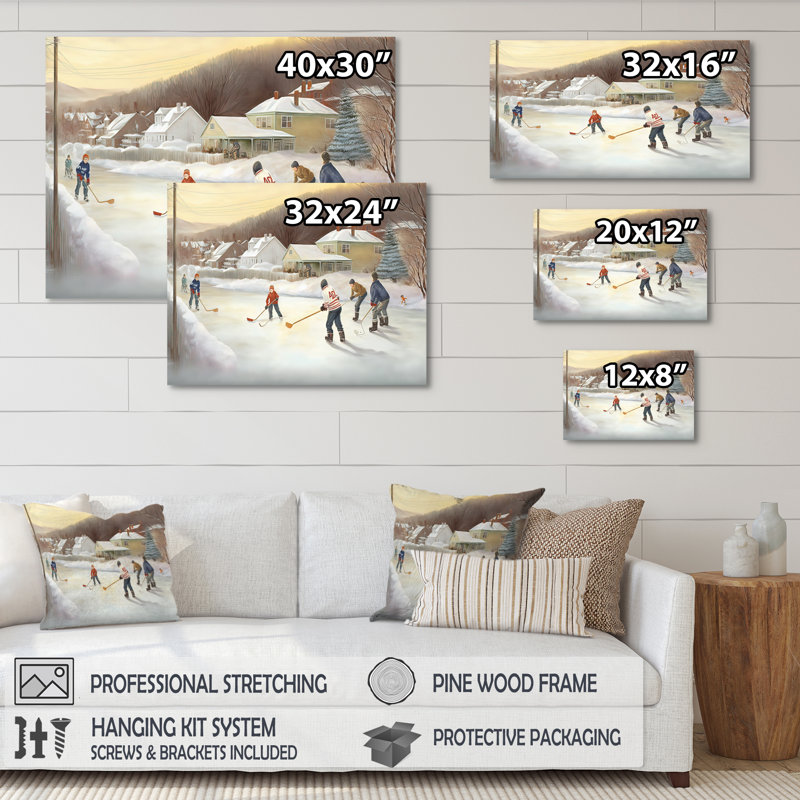 Enfants jouant au hockey en hiver IV - art mural de hockey sportif pour le salon, H 24 po x l 32 po x P 1 po, Toile tendue