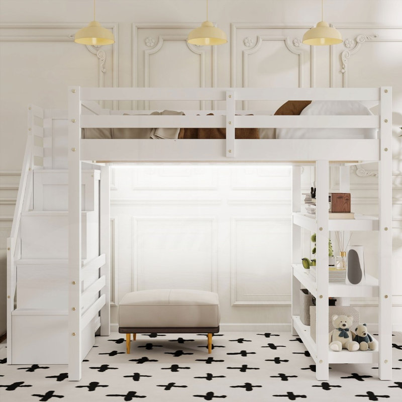 Lit mezzanine double avec tablettes et amp; Rangement - Aucun sommier requis, robuste et robuste Durable!, Lit double
