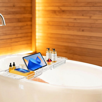 Expandable Acrylic Bathtub Tray Caddy with Drain, Multifunctional Storage Rack for Towel Book Wine Phone Shower