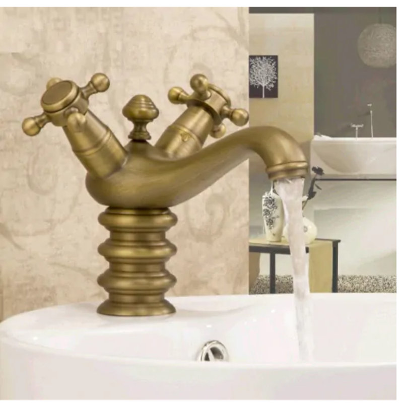 Robinet pour salle de bain à poignée double - Laiton antique