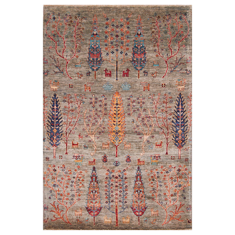 Tapis gris et multicolore de haute qualité noué à la main