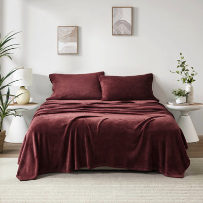 Drap-housse pour grand lit 4 pièces 100% ultra doux et bordeaux 2 taies d'oreiller lavables à la machine brossées des deux côtés