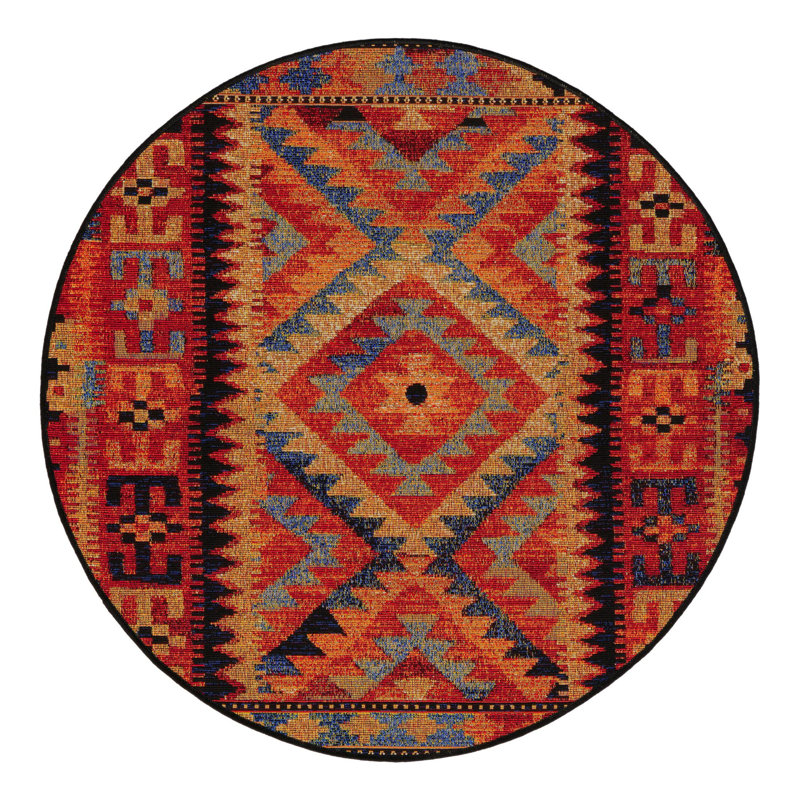 Lidio Southwestern Machine Made Power Loom Polypropylene Indoor / Outdoor Area Rug in Red/Yellow/Blue, Round 12'
