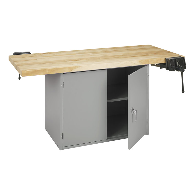 64'' W Wood Top Workbench, 2 Vises