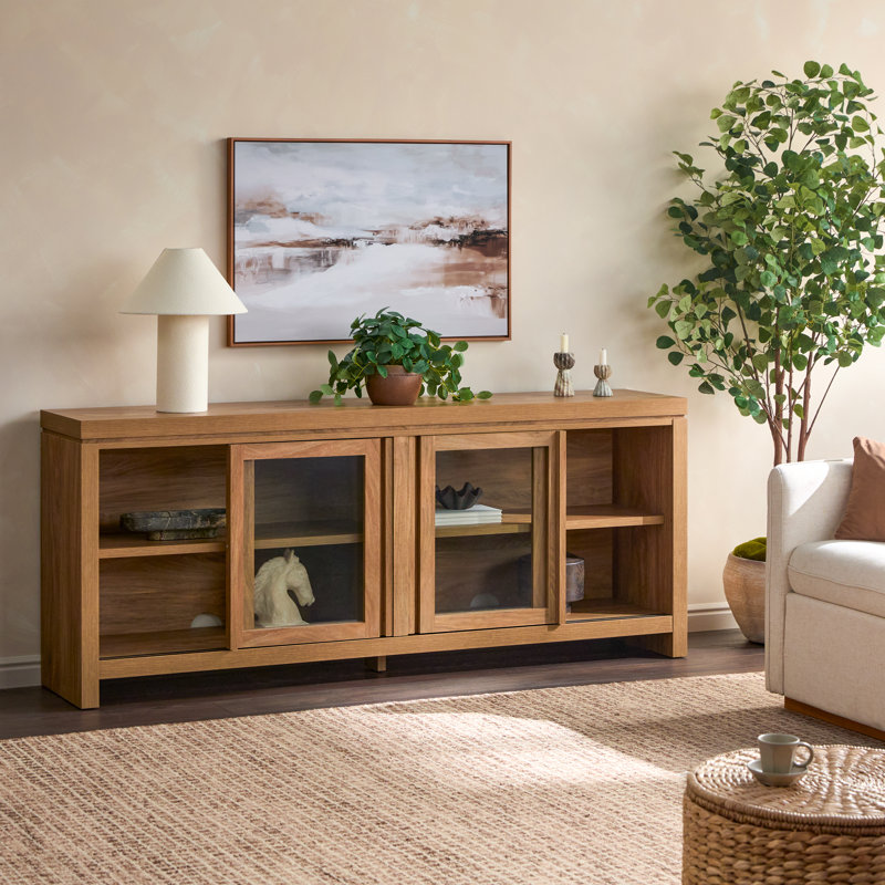Bateson Modern Window Pane TV Stand/Sideboard with Sliding Doors, 74 Inch, Heritage Oak
