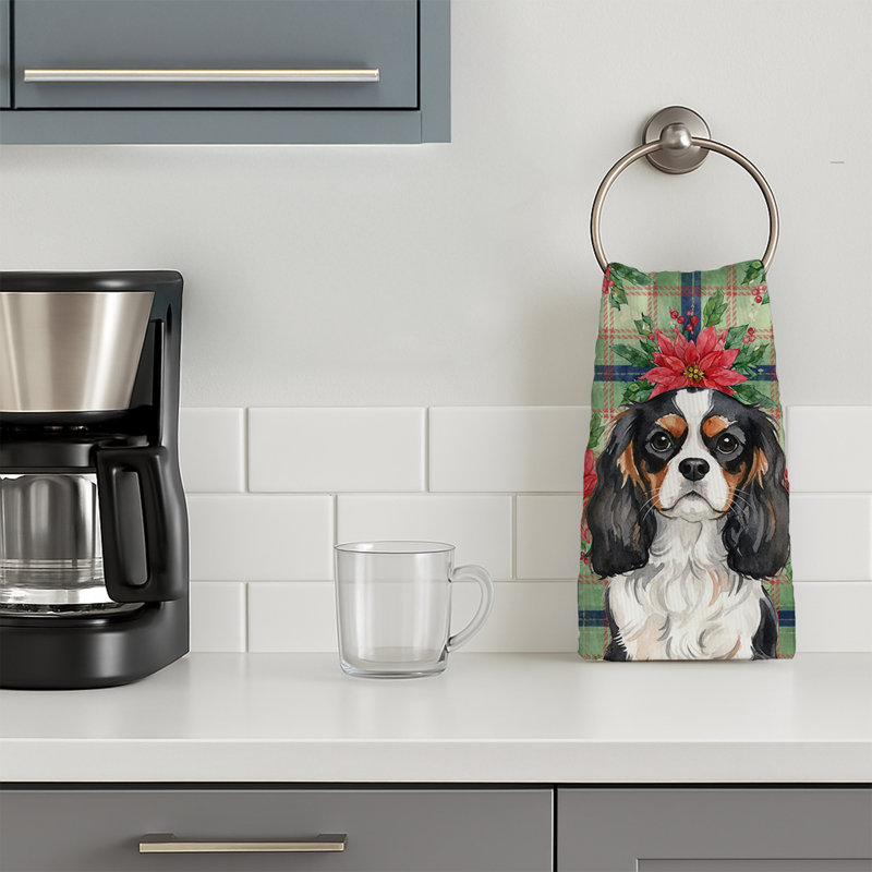 Tricolor Cavalier Spaniel Christmas PoinsettIas Kitchen Towel, Black/White/Brown Cavalier Spaniel