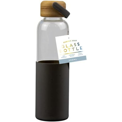 MantraRaj 500ML Glass Water Bottle With Removable Rubber Sleeve Wooden Covered Lid X 1 Random