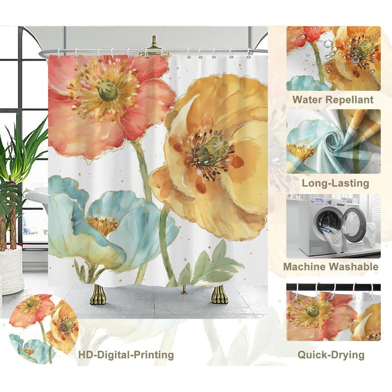 Pack of 1 Tricolour Flower Natural Modern Plant Shower Curtain with Hooks, 182.88cm H x 213.36cm W