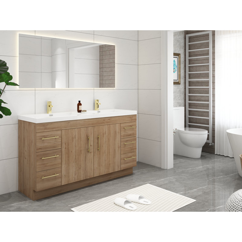 Ensemble de meuble-lavabo double 60 po Carliss, Naturel / chêne, Or