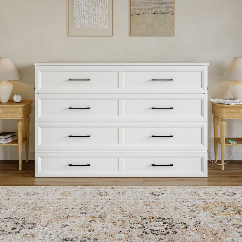 Tucson Wood Murphy Bed Chest with Storage Drawer, Built-in Charging station and Mattress, White, Queen