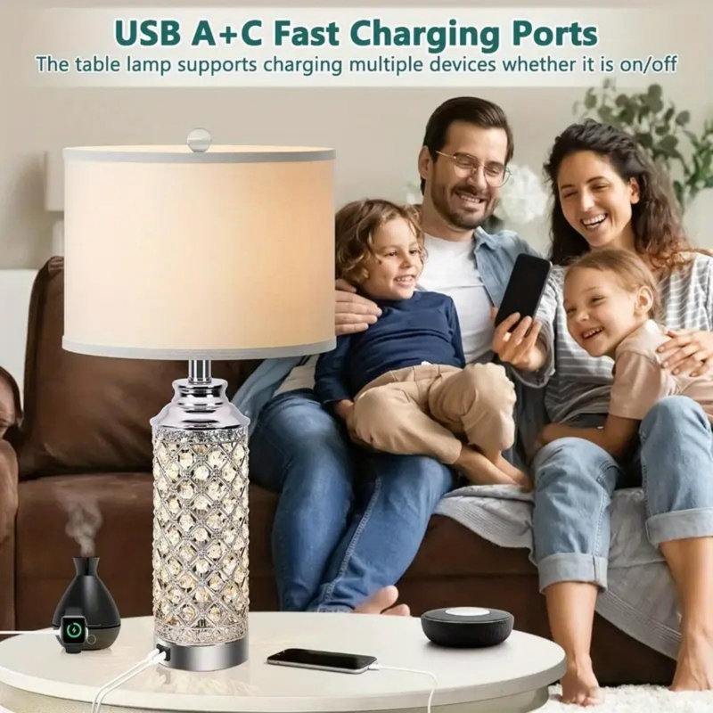 2-Pack Modern LED Table Lamps With USB Charging Ports, 24 Inch Silver Crystal Bedside Lamps
