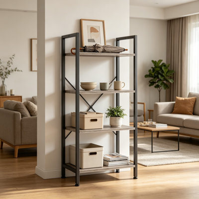 4-Tier Bookshelf, Tall Display Shelf With Open Storage, Freestanding Bookcase For Living Room, Home Office, Bedroom, Storage Organizer For Books, Cds, Movies, And Decor, Wood Grain Grey