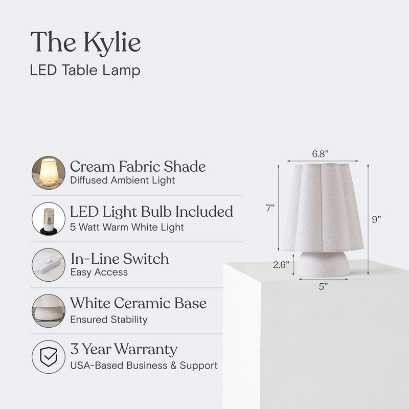 Kylie 9" Modern Ceramic Led Table Lamp With Cream Linen Shade, Bulb Included