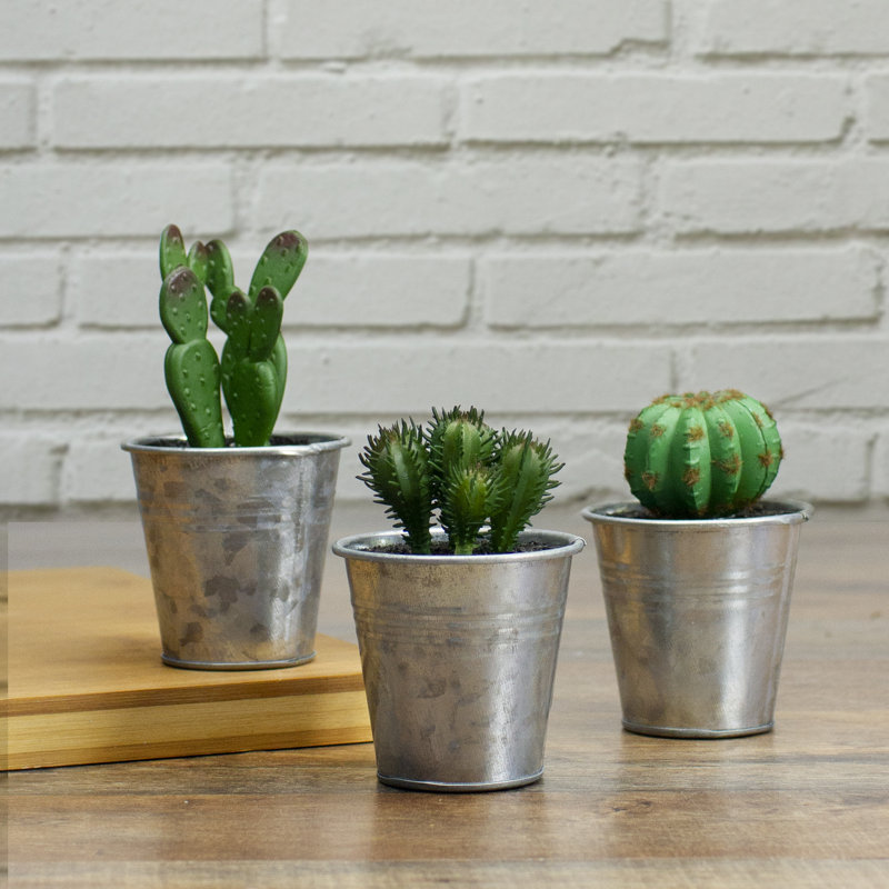 Mini Tropical Green and Red Artificial Cactus in Silver Tin Pot
