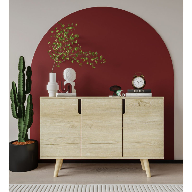 Buffet de 47 po de largeur Mid-Century moderne avec pieds en bois, Chêne saphir