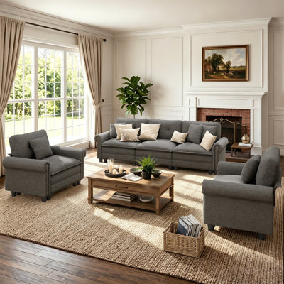 3-piece Upholstered Modular Sectional Sofa Sets With Nailhead Trim, Oversized Couch Set With Sofa And Armchairs