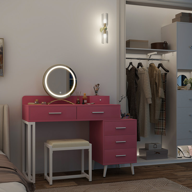 Grosmark Makeup Vanity Desk with Stool and LED Mirror, Pink/White